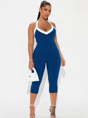 Ribbed Halter Capri Jumpsuit in Navy with White Trim